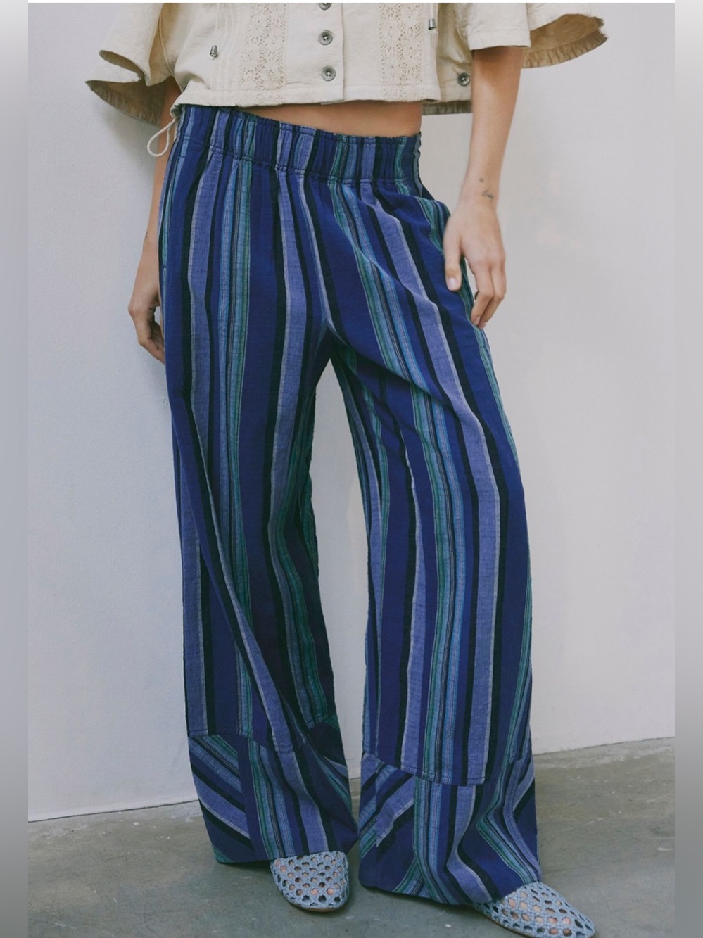 NWOT Free People Blue Striped Wide-Leg Pants - Picture 8 of 15